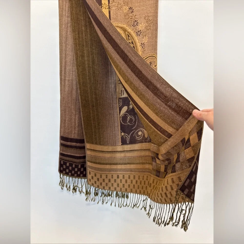 Pashmina Scarf Wrap Shawl Throw Brown Paisley Checkerboard Stripe Fringe 28
